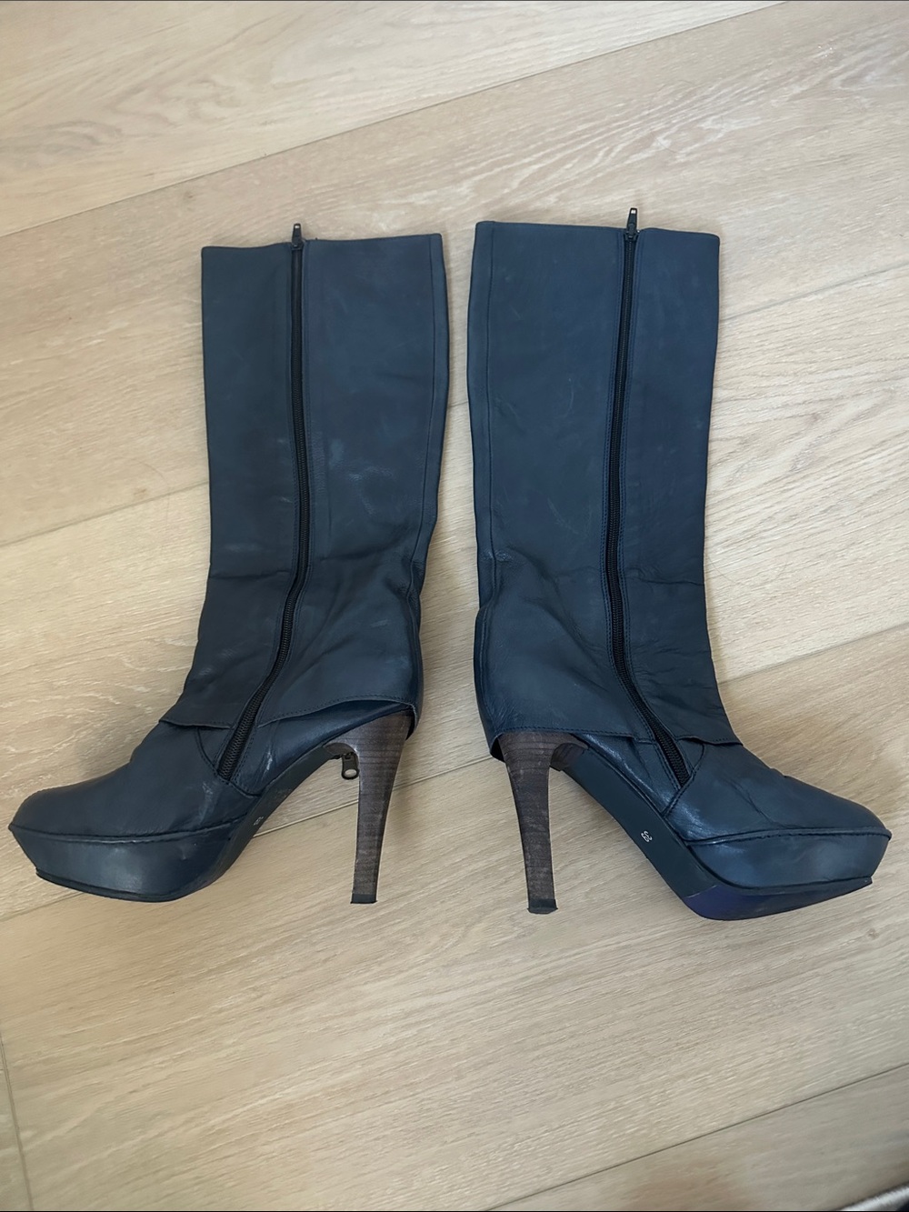 Women's Dark Blue Leather platform Heeled Boots with Side Zip